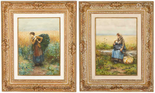 Pair of Daniel Ridgeway Knight (American, 1839-1924) Watercolors of Peasants. Watercolors. Signed '