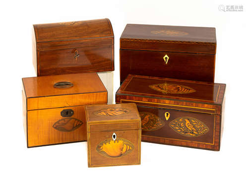 Five Inlaid George III Tea Caddies. Circa 1790. One with birds. Very good. Max Ht. 5 1/2