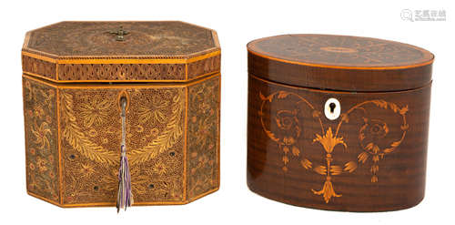 Two George III Tea Caddies. Circa 1790. L: Quill work and satinwood; R: Inlaid mahogany. Very