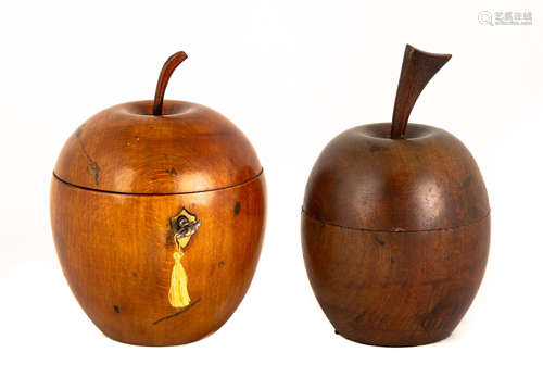 Two George III Turned Wood Apple Tea Caddies. Circa 1790. Max Ht. 6