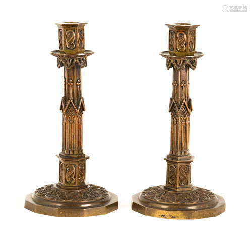 Pair of Bronze Charles X Gothic Candlesticks. Circa 1825. Patinated bronze. Ht. 10 5/8