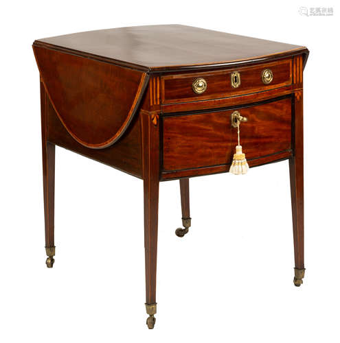 George III Pembroke Table. Inlaid mahogany with tea caddy drawers. Ht. 27