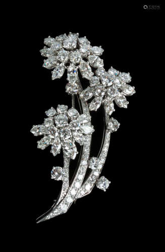 Tiffany & Co. Platinum and Diamond Brooch. Circa 1960. Round and marquise brilliant cut diamonds