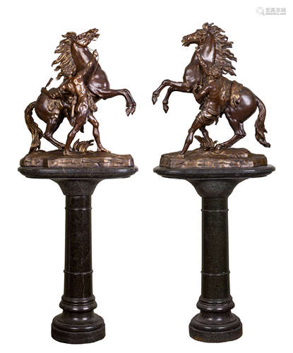 Pair of 19th C. Bronze Figures 'Marly Horse' on Marble Pedestals. after Guillaume Coustou (French,