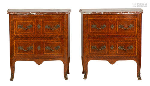 Pair of Marquetry 2-Drawer Serpentine Commodes. 20th century. Kingwood with marble top. Excellent.