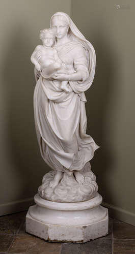 Pasquale Romanelli (Italian, 1812-1887) Madonna & Child. Carrara Marble Statue. Signed 'P.