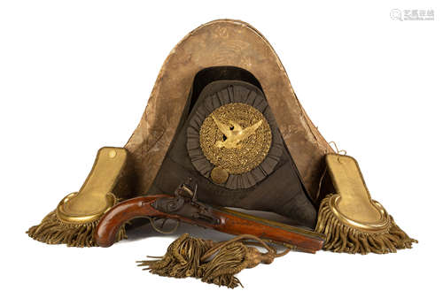 War of 1812 Era Military Hat with Epaulets and Sash . in Original Box. Sold with flintlock pistol