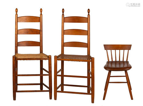 Pair of Shaker Tilter Chairs with Spindle Back Stool. Maple, #1 on back of one chair. Chairs: Max