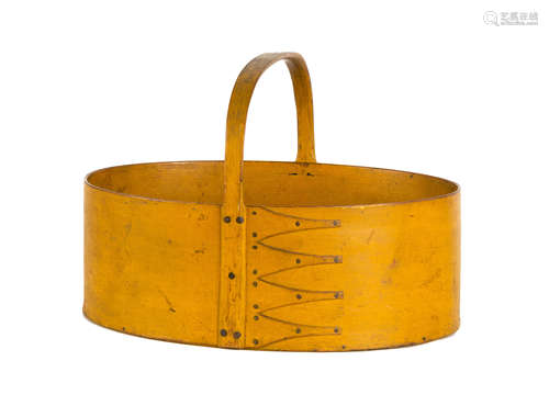 Fine & Rare Shaker Carrier. Maple and pine, original chrome yellow painted finish, carved fixed hoop