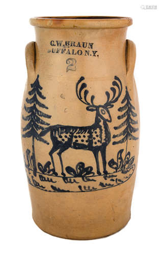 Rare C.W. Braun, Buffalo NY 2 Gallon Churn. 19th century. With bold spotted stag, pine trees and