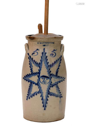 T. Harrington, Lyons, NY, 5 Gallon Stoneware Churn with Star Face. 19th century. Cobalt blue star-