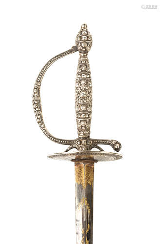 18th Century English Silver Smallsword. Finely gilt and blued colichemarde blade. Excellent.