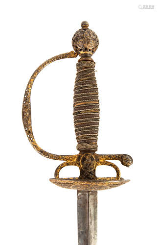 French Gilt Chizled Sword. 18th century. Steel hilt, pierced silver wrapped handle. Some wear. Blade