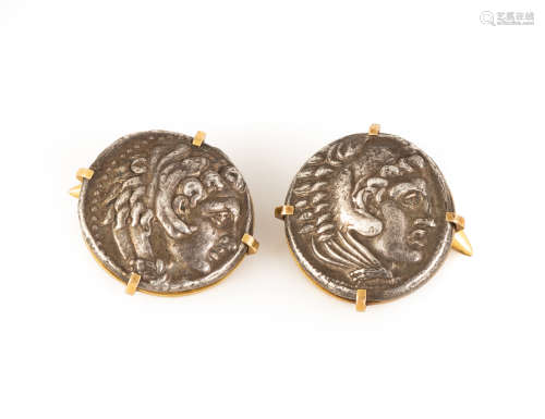 Alexander The Great Silver Tetradrachm Cuff Links. Mounted in Gold. Head of Hercules wearing a lions