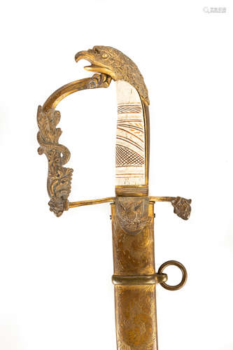 American Officer's Sword with Eagle Head Handle. Circa 1810. Blued and etched blade, carved bone