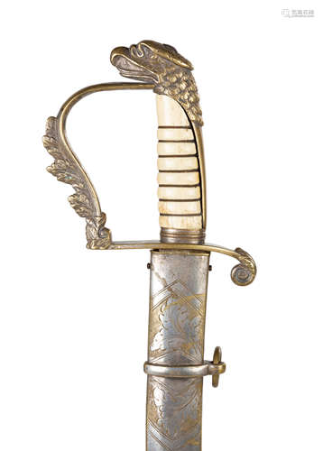 American Eagle Officer's Sword. Circa 1810. Bone grip, engraved and silvered scabbard.