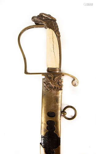 Eagle Handle American Sword. Circa 1810. Gilded and blued blade, bone handle, brass mounts. Blade