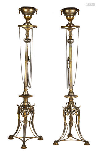 Pair of Important Neo-Grec Gilt & Patinated Bronze Mixed Metal Torcheres. Attributed to Ferdinand