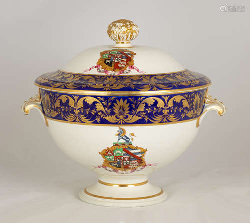 Derby Armorial Part Dinner Service, Circa 1821. Arms of Kemeys Tyne with a cobalt and gilt border. 1