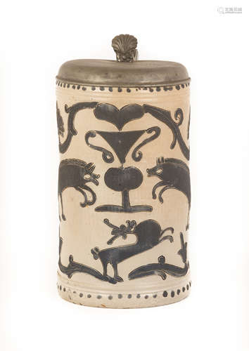 18th Century Salt Glazed Tankard. Decorated with various animals and floral motif with heart. Ht.