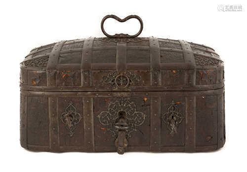 17/18th Century Spanish Wrought Iron Strong Box. Some wear to leather. Ht. 10