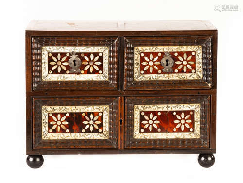 18th Century Finely InlaId Cabinet. Finely inlaid, walnut with bone and mother of pearl. Ht. 10 1/2