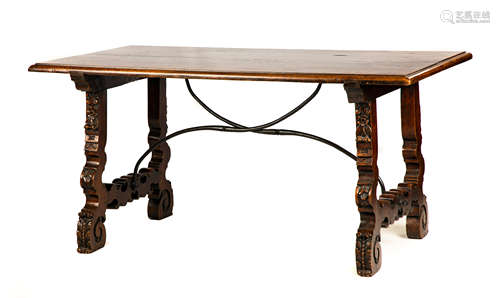 17th Century Spanish Baroque Table. Walnut, with spool carved legs with wrought iron support. Old