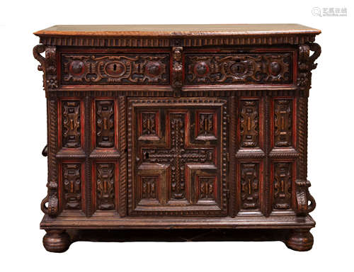 16th Centiry Spanish Polychrome Painted Walnut & Pine Sacristy Commode. Rectangular plank top