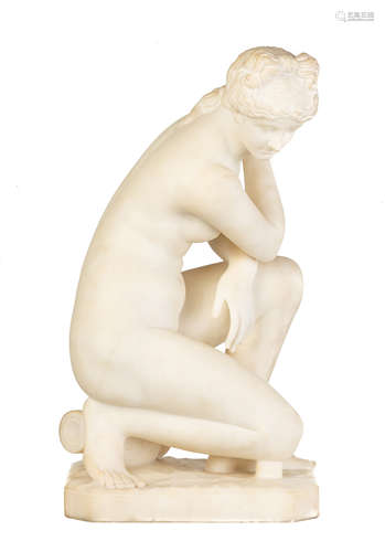 Pieter Barranti (Italian, 19th Century) Crouching Venus. Carved marble figure. Florence. Signed '