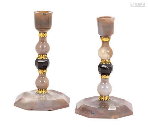 Fine and Rare Moss Agate and Silver Candlesticks. 17th century, c. 1690. German. Excellent