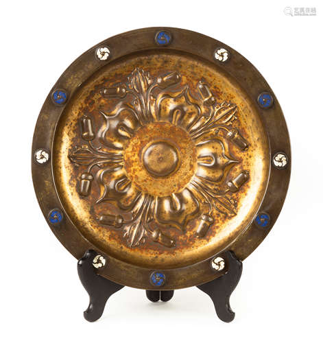 Important Dutch Copper Alms Dish. Circa 1450. Traced of gilt decoration with twelve enameled