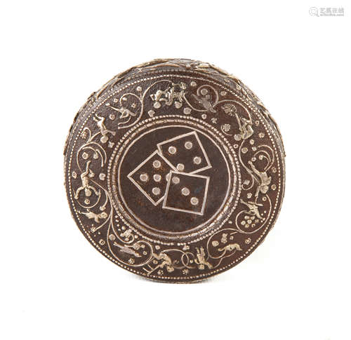 Rare 18th Century Round Iron Dice Container. Entire surface decorated with silver overlays.