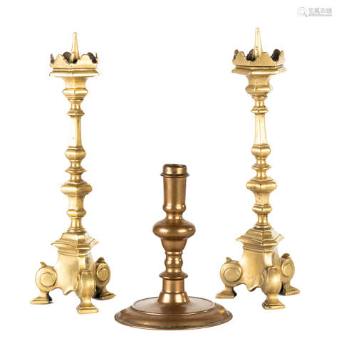 Pair of 18th Century Brass Pricket Candlesticks . with 18th Century Brass Candlestick. Max Ht. 12