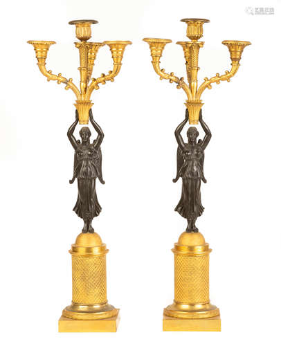 Pair of French Gilt Bronze Figural Candelabras. 19th century. Ht 24