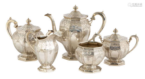 Wm. B. Durgin Co. Five Piece Sterling Tea Set. 19th century. Retailed by J.E. Caldwell. Hand