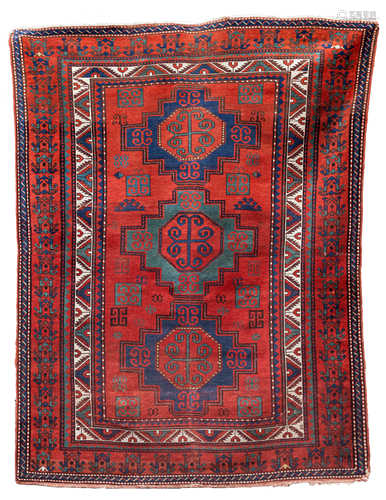 Kazak. Late 19th century. Small area of wear, even pile. 7' 10