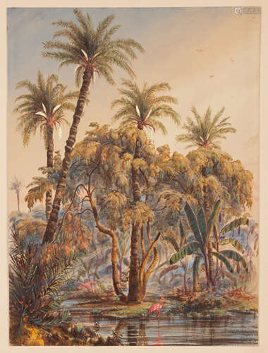 Adalbert de Beaumont (French, 1809-1869) Nilotic Landscape. Watercolor. Signed 'Beaumont' (lower