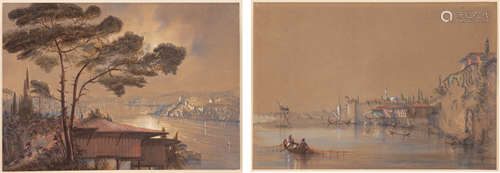 Attr. to Adalbert de Beaumont (French, 1809-1869) Constantinople Harbor Scenes . Watercolors. 13 1/