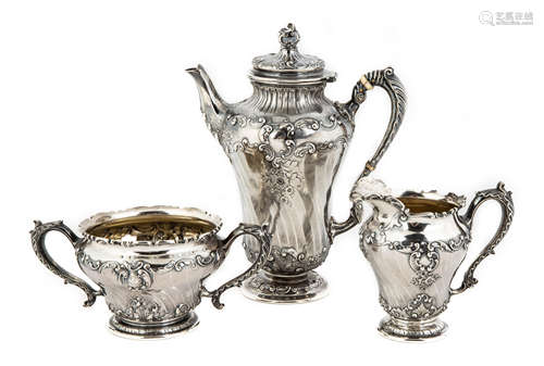 Gorham Sterling Three Piece Tea Set. Hand chased decoration. 29.3 ozt. Max Ht. 8