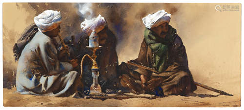 William Matthews (American, b. 1949) Middle Eastern Scene. Watercolor/gouache. Persians smoking