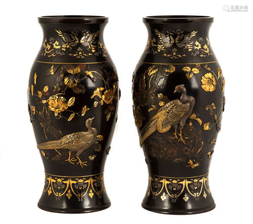 Exceptional Japanese Meiji Period Mixed Metal Vases. 19th century. Decorated with pheasants and