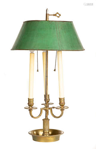 English Brass & Painted Tin Three Light Tole Lamp. 19th century. Missing finial. Ht. 28