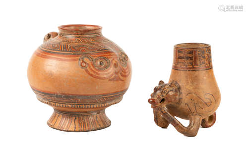 Two Pre-Columbian Vessels with Figures. L: Globular shape of unusual form with a baby jaguar on