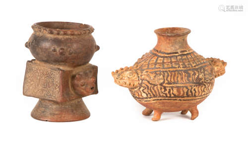 Costa Rican Pre-Columbian Turtle Vase & Guatemalan Pot. Max Ht. 7