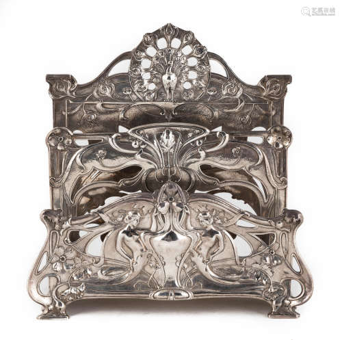 Gorham Sterling Silver Art Nouveau Letter Holder. Early 20th century, with peacock and woman with