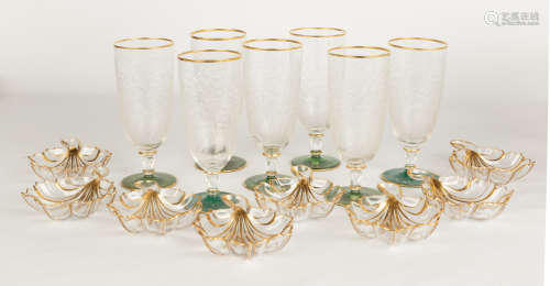 Fine Green Overlay Engraved Glasses. with shell sweet meat dishes. Excellent. Ht. 6