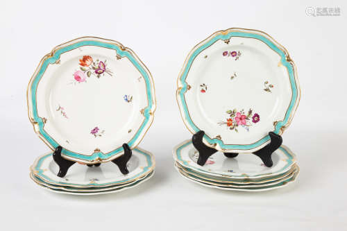 Set of Nine Darby Hand Painted Porcelain Plates. Some wear to gold highlights, otherwise very