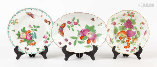 Three English Hand Painted Porcelain Dishes. 18th century with anchor marks. Fruit and butterfly