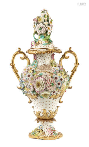 German Potpourri Urn. 19th century. Hand painted and applied flowers. Ht. 22 1/2