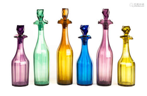 Collection of Six 19th Century Covered Bottles. New England. Purple has broken stopper, some